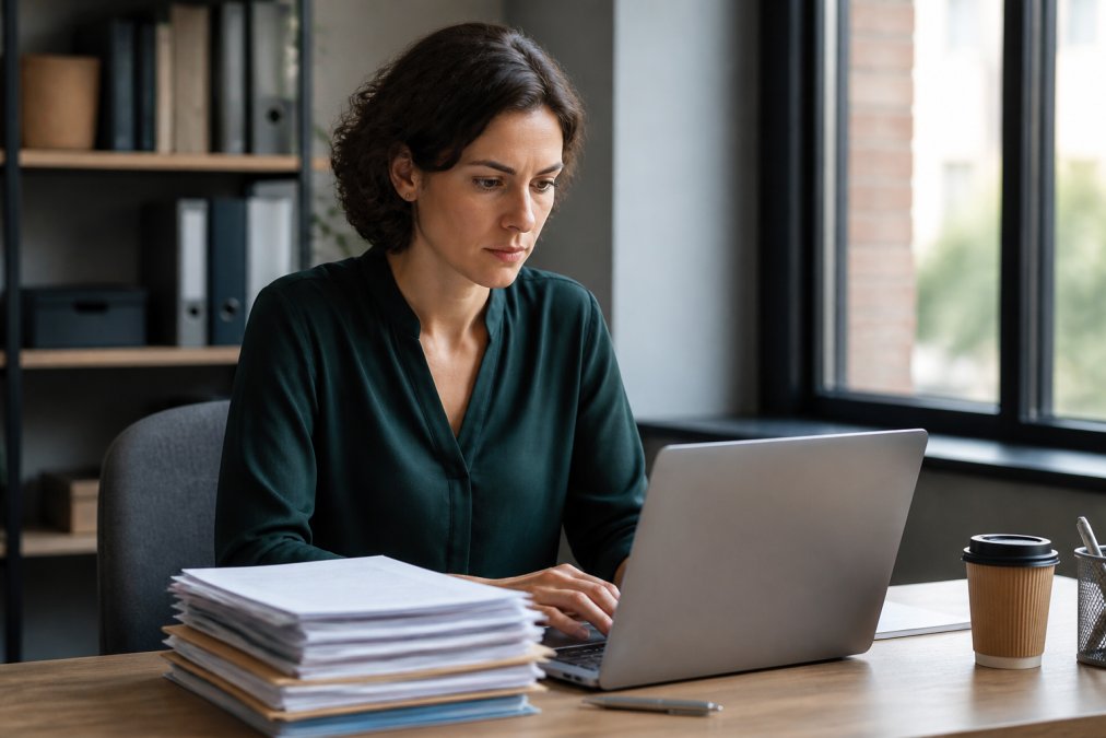 Knowledge worker reviewing secure files on a laptop using document management tools in a bright office