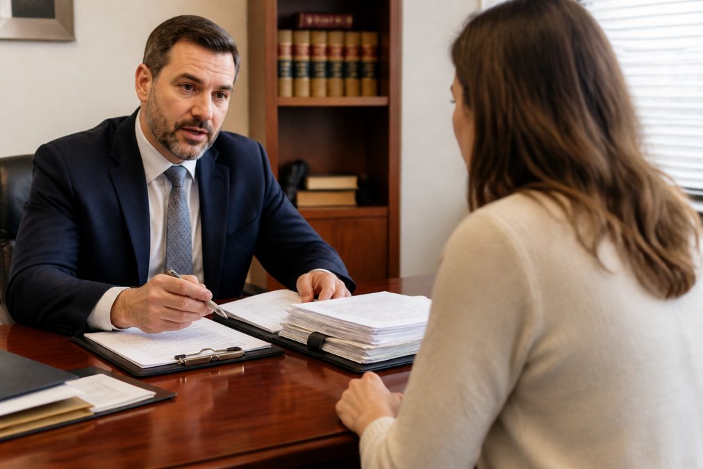 Attorney reviewing legal documents with a client to discuss debt defense alternatives in a professional office