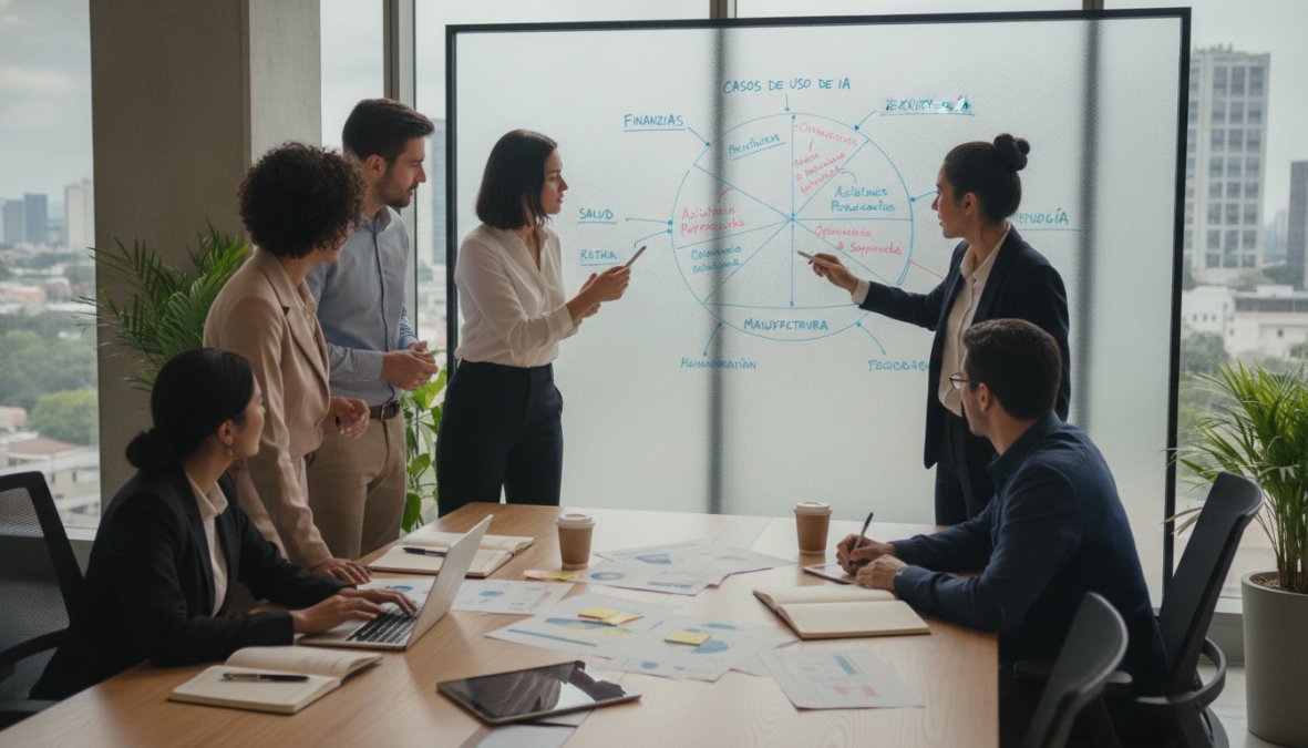 Un equipo diverso de profesionales de negocios colaborando alrededor de una pantalla grande que muestra paneles de datos en una oficina moderna de planta abierta, con luz natural entrando por ventanales