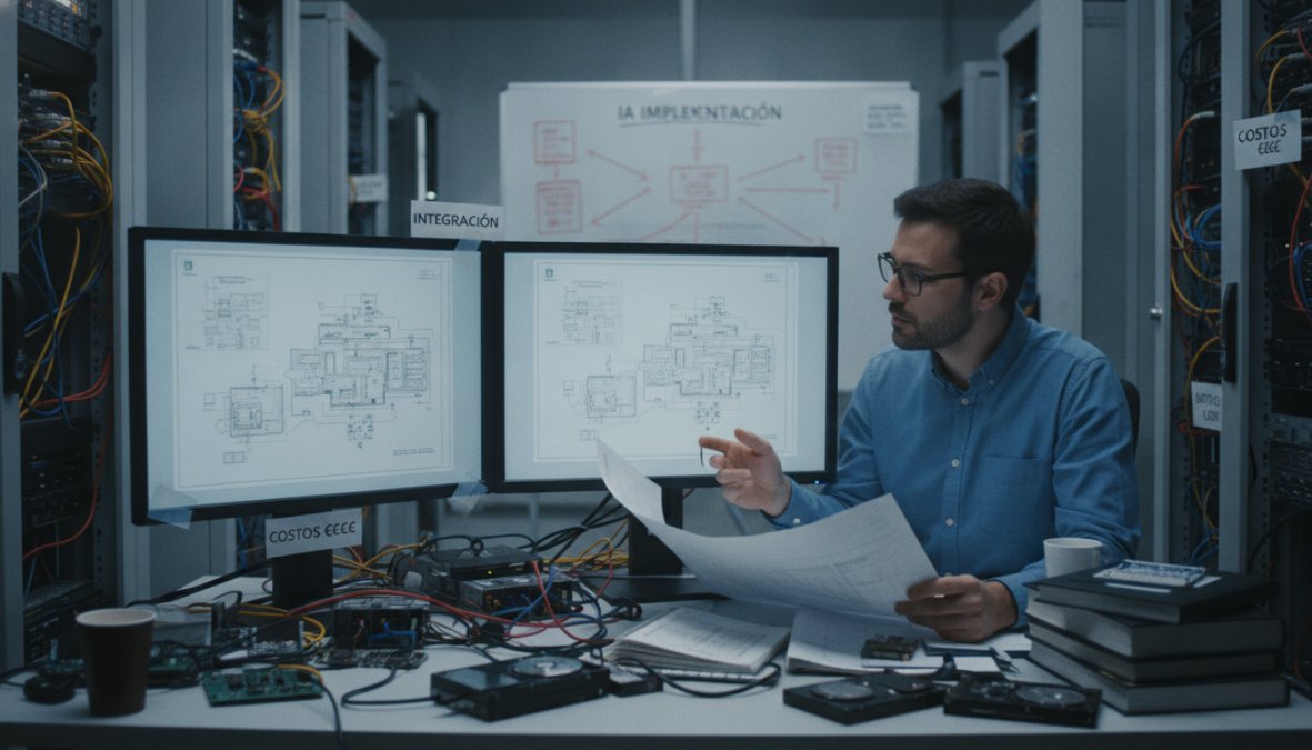 Un profesional de TI concentrado revisando diagramas de arquitectura de sistemas en dos monitores en un entorno de sala de servidores con iluminación azulada y racks de equipos al fondo
