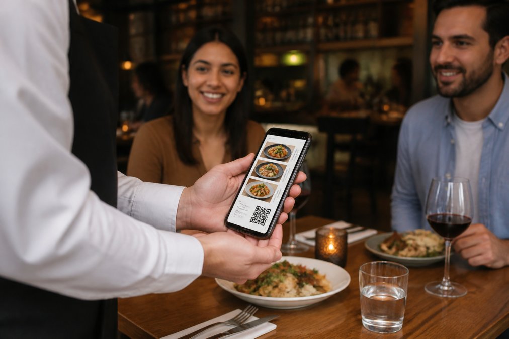 Infografía que detalla el proceso de optimización de un menú digital con código QR para móviles en hostelería.