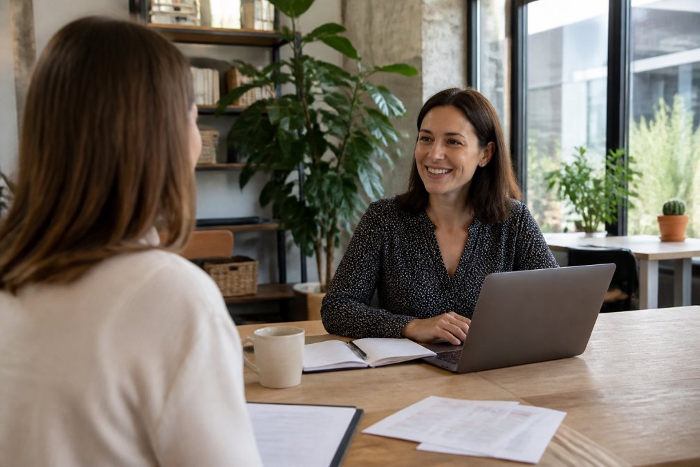 Une coach professionnelle souriante accueille une nouvelle recrue dans un bureau lumineux, ordinateur portable ouvert avec un tableau de bord de formation à l'écran, documents et café sur la table