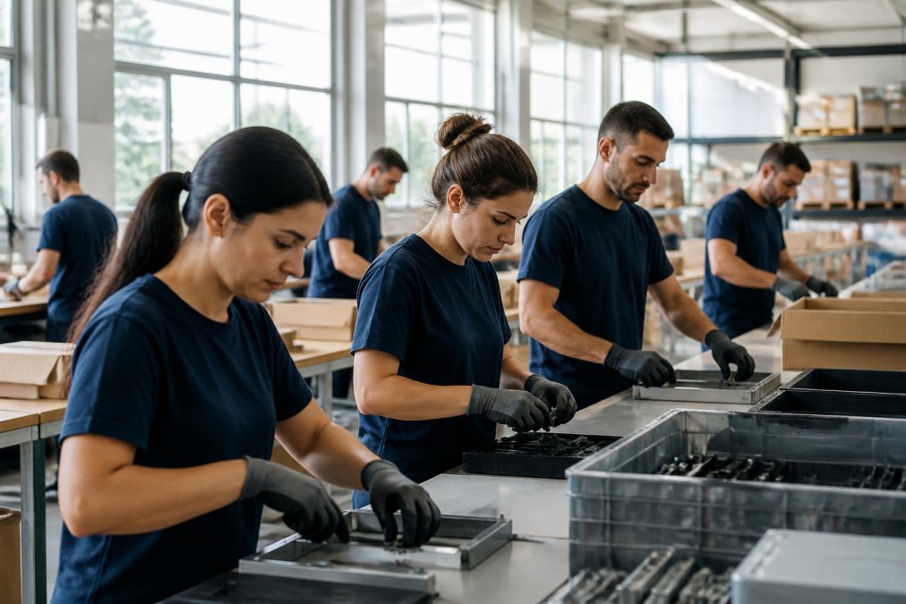 Team di operai qualificati che lavorano insieme in un magazzino moderno, intenti in attività di assemblaggio e controllo qualità con attenzione e professionalità, illuminati da luce naturale attraverso grandi finestre