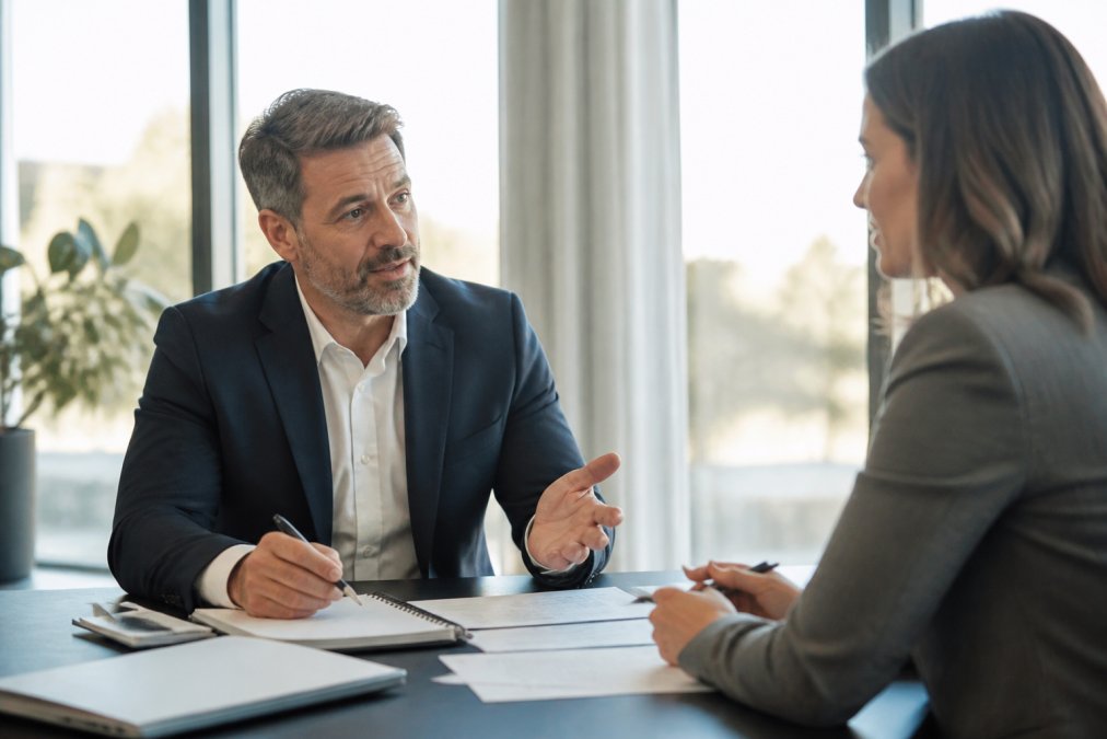 Riunione tra responsabile aziendale e consulente che discutono di soluzioni di outsourcing, con documenti e appunti su un tavolo moderno, in ambiente professionale ben illuminato