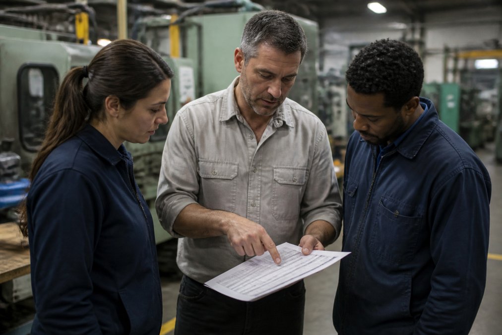 Manager and team leads reviewing performance data to identify ownership gaps on the manufacturing floor