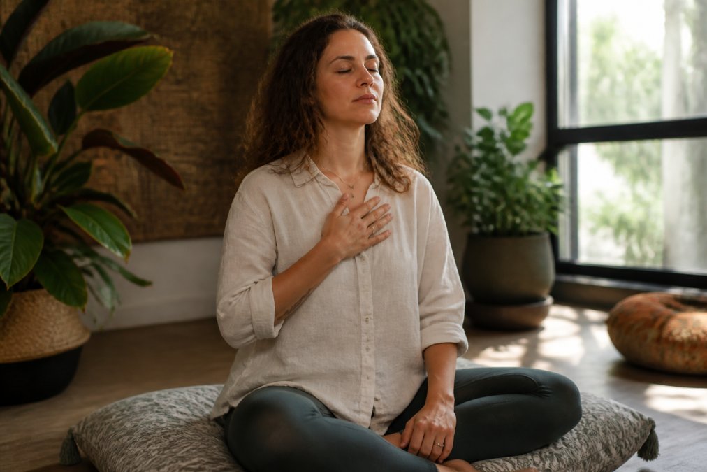 A person practicing somatic coaching techniques while sitting calmly in a sunlit room with plants.