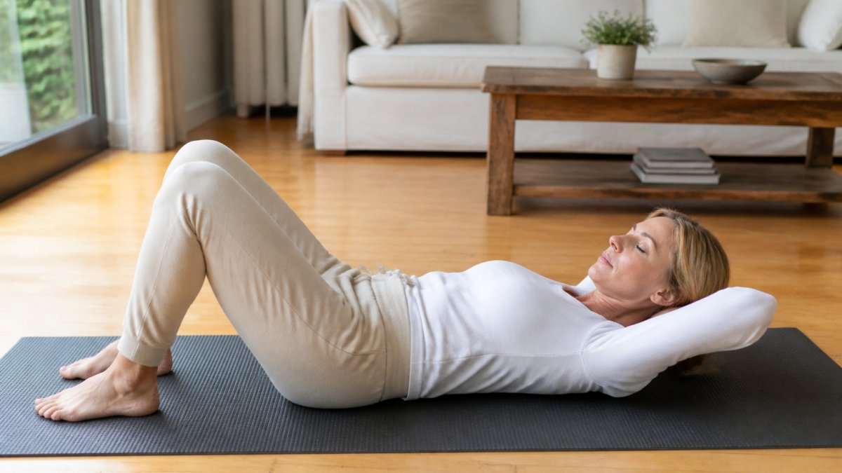 Woman in her 40s performing somatic exercises for neck tension while lying on a yoga mat in a calm living room.