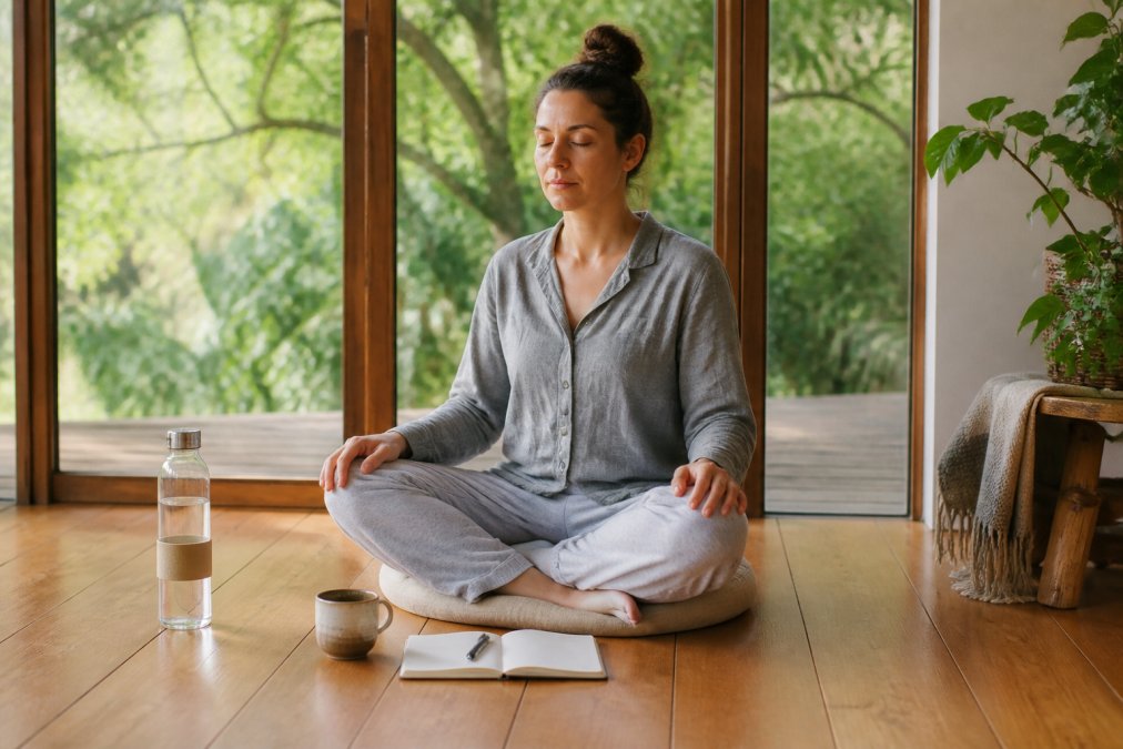 A solo adult sitting cross-legged on a cushion in a sunlit retreat room, eyes closed, hands resting on knees, with a journal and tea nearby on a wooden floor