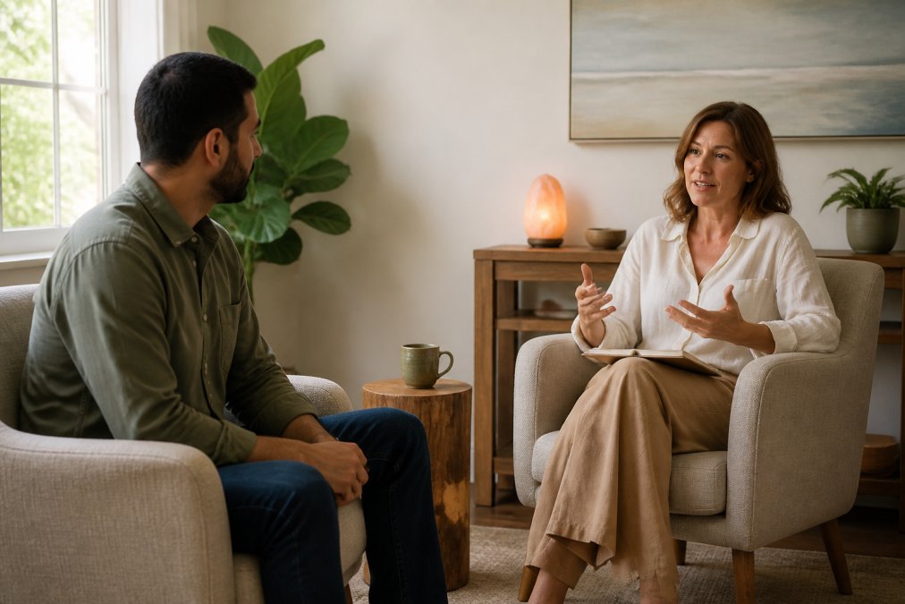 Two people sitting in a sunlit room during a somatic intimacy coaching session