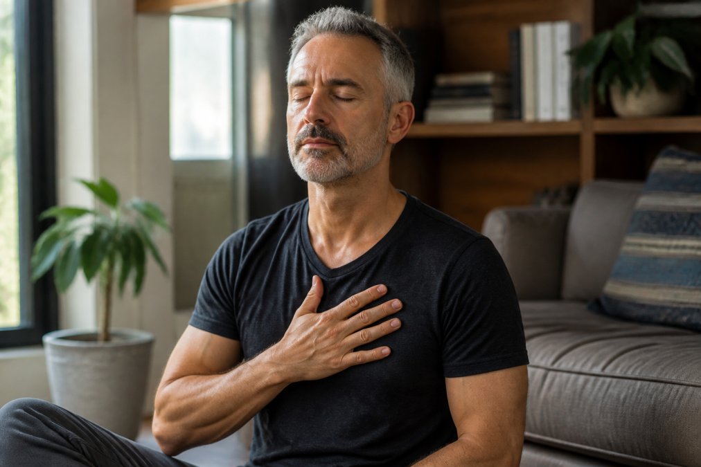 Man practicing grounded breathing and body awareness for somatic sex coaching for gay men over 40 in a calm space.