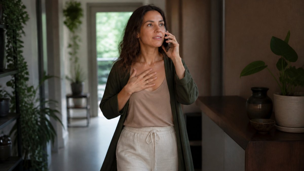 Person sitting in a grounded posture with hand on chest in peaceful indoor space with soft natural light, eyes closed in calm awareness