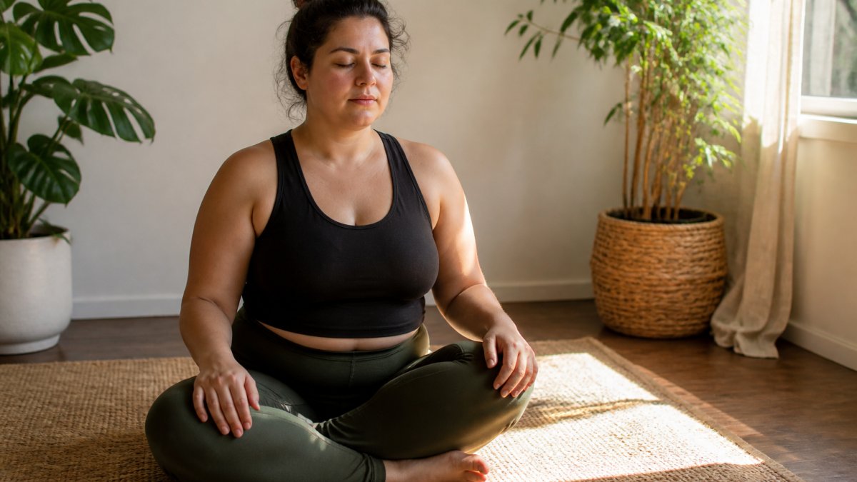 Person sitting cross-legged in a calm, sunlit room with eyes closed and hands resting gently on knees, demonstrating a grounding posture during a mindful moment