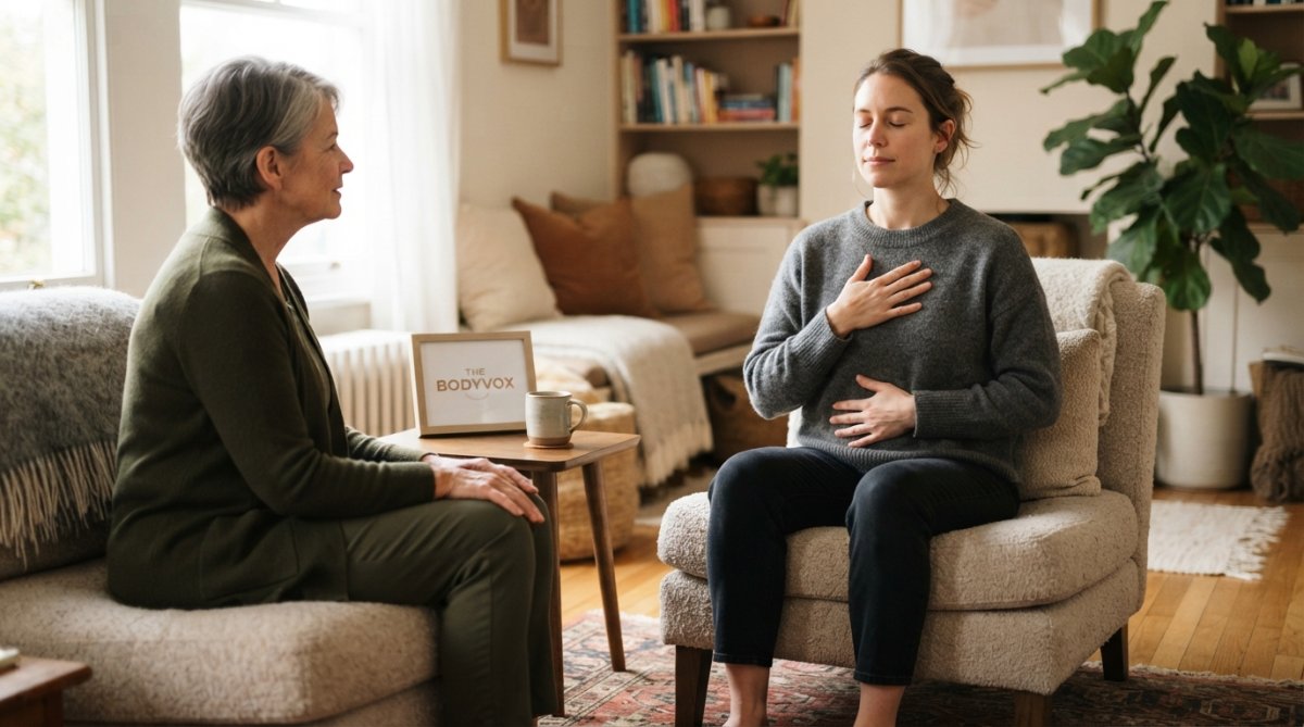 Person seated comfortably in a calm, light-filled room with soft natural lighting, eyes closed, one hand on chest, practicing body awareness and grounding