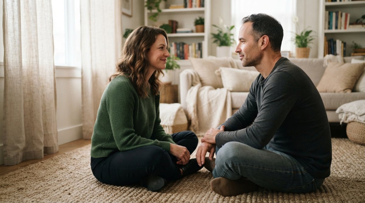Two people sitting face-to-face in a safe, intimate space, maintaining eye contact with calm, present expressions, demonstrating relational attunement