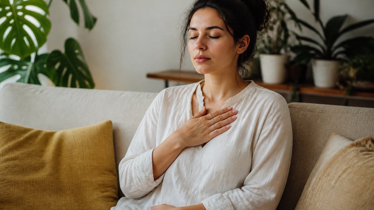 Person sitting peacefully on a couch with hand on chest, eyes closed, showing calm and body awareness during a moment of nervous-system regulation