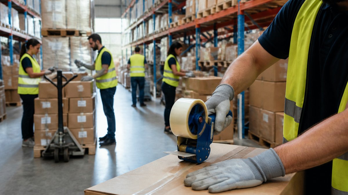 Operai qualificati lavorano insieme in un magazzino durante un picco di attività stagionale tra scaffali pieni.