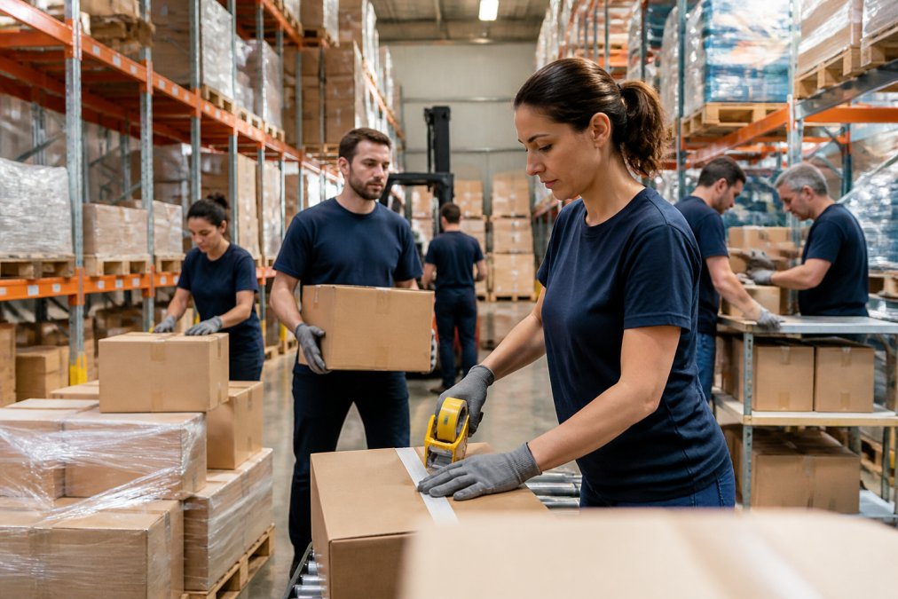 Team di operai al lavoro in un magazzino durante un picco di attività per la gestione degli ordini