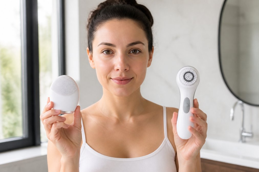 A close-up of a woman holding a white silicone facial cleansing device in one hand and a bristled sonic brush in the other, standing in a bright bathroom with natural light, both devices visible side by side