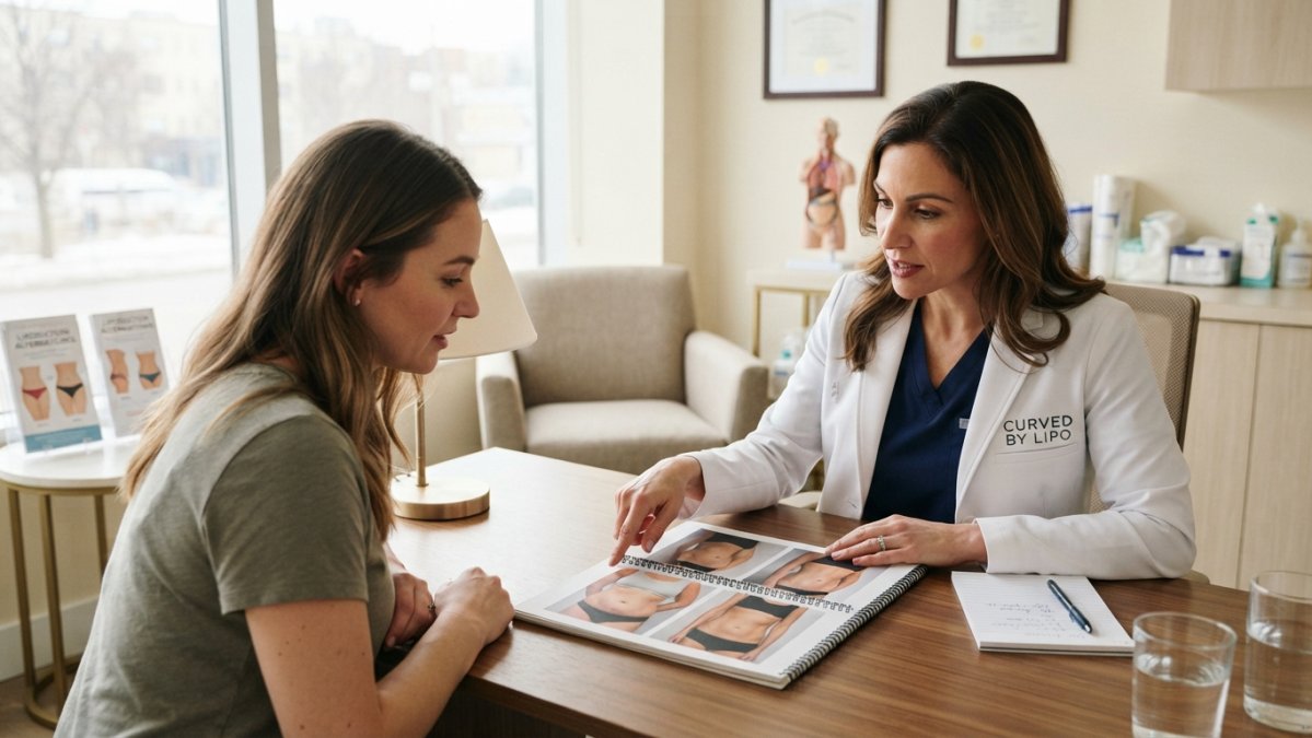 Cosmetic surgeon reviewing before-and-after body contouring photos with prospective patient in modern consultation room with natural lighting