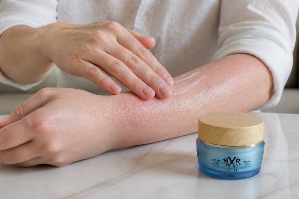 Close-up of hands gently massaging CBD lotion into dry, irritated skin on forearm under natural morning light, showing the lotion being absorbed smoothly