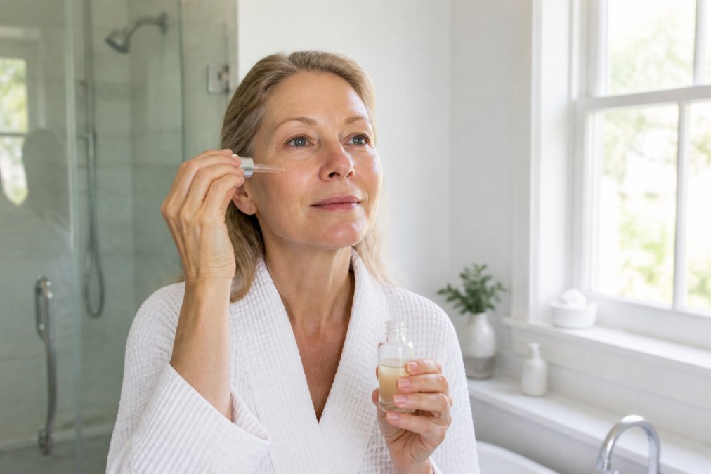 Woman in her 50s applying lightweight serum to her face in a bright, minimalist bathroom with soft natural light streaming through a window