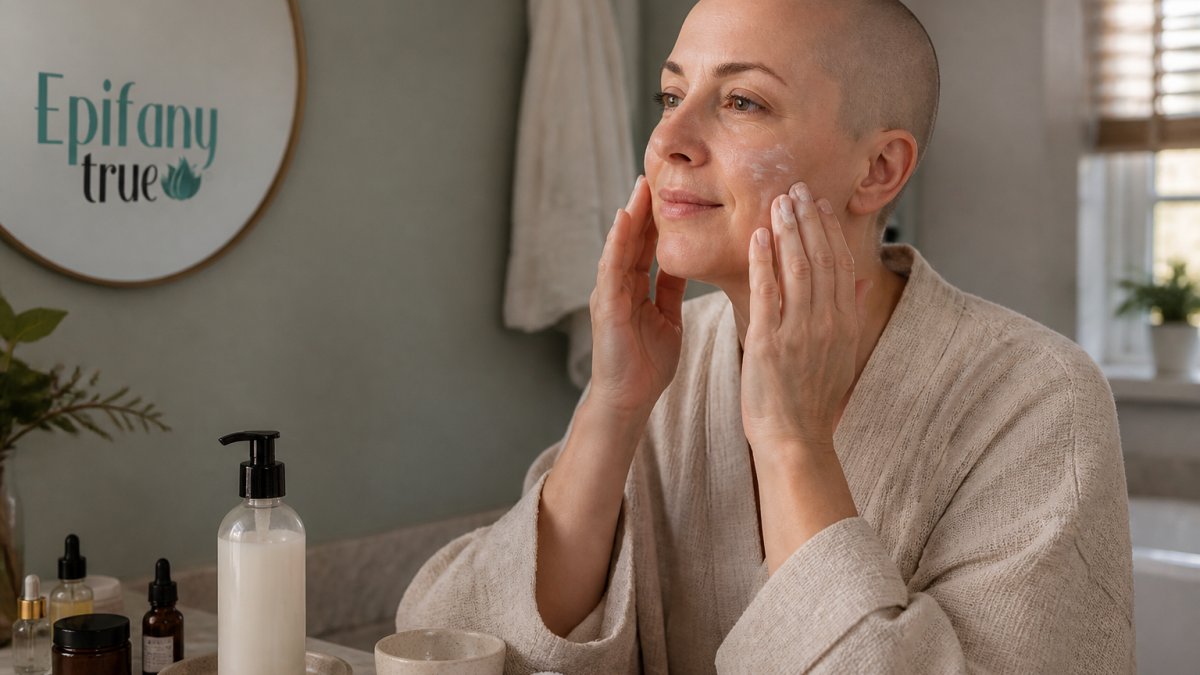 A person with short hair gently applying moisturizer to their face in a softly lit bathroom, with a simple fragrance-free lotion bottle on the counter
