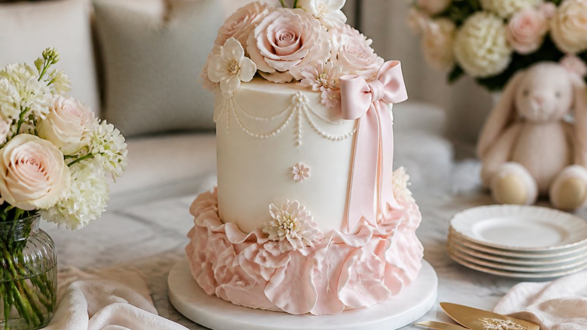 Elegantly decorated baby shower cake with hand-crafted sugar florals, soft pastel fondant details, and refined piping work displayed on a white marble surface with fresh flowers and delicate linens nearby