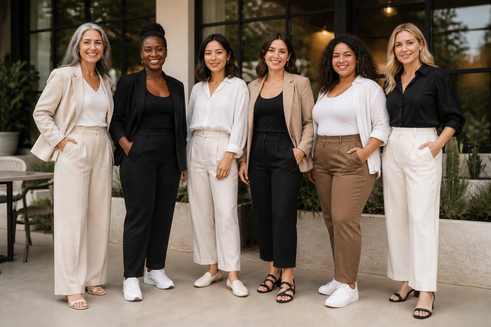 Diverse group of women of different body types, ages, and ethnicities wearing sophisticated monochromatic casual outfits with refined silhouettes, tailored blazers, and well-fitted trousers in a bright, modern setting