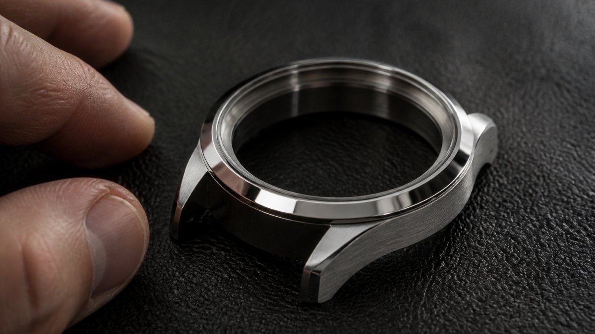 Close-up of a hand-finished titanium watch case resting on a dark leather surface, with soft directional light catching the chamfered edges and polished surfaces, showing the contrast between brushed and mirror finishes