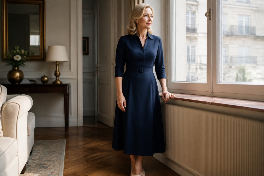 Mujer elegante de más de 50 años con un vestido midi de corte sastre, cuello con muesca favorecedor, cintura ceñida y mangas tres cuartos, de pie con confianza junto a una ventana bajo la luz natural del día