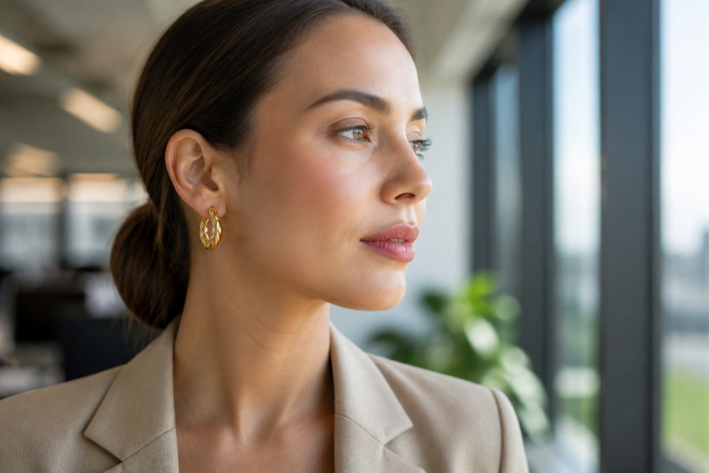 Woman wearing elegant gold plated twisted hoop earrings, close-up of her face and earrings catching natural light in professional office setting