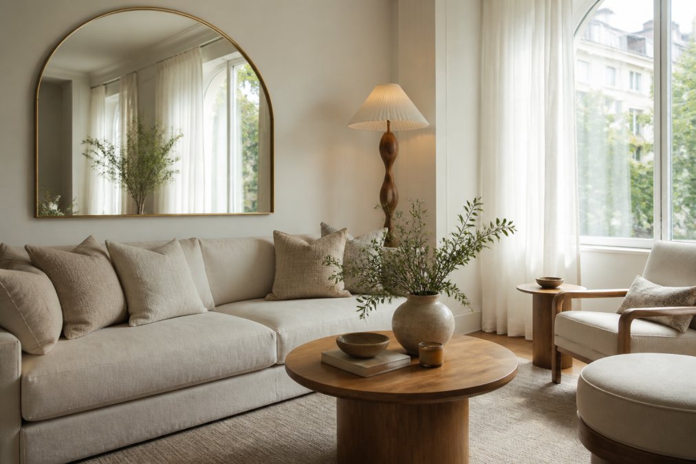 A bright, sophisticated small living room with a large arched mirror reflecting natural light from a tall window, neutral linen sofa, sculptural floor lamp, and warm wood accents