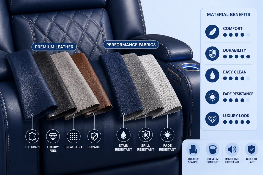 Close-up of premium leather and performance fabric upholstery swatches displayed on a high-end theater recliner, showing rich texture, stitching detail, and material quality in warm studio lighting