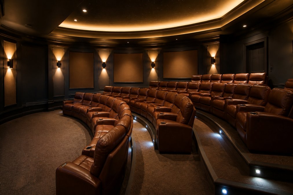 Sophisticated home theater room featuring tiered modular seating in curved rows with rich leather recliners, warm ambient lighting from ceiling coves, and a large projection screen visible from multiple optimal viewing angles