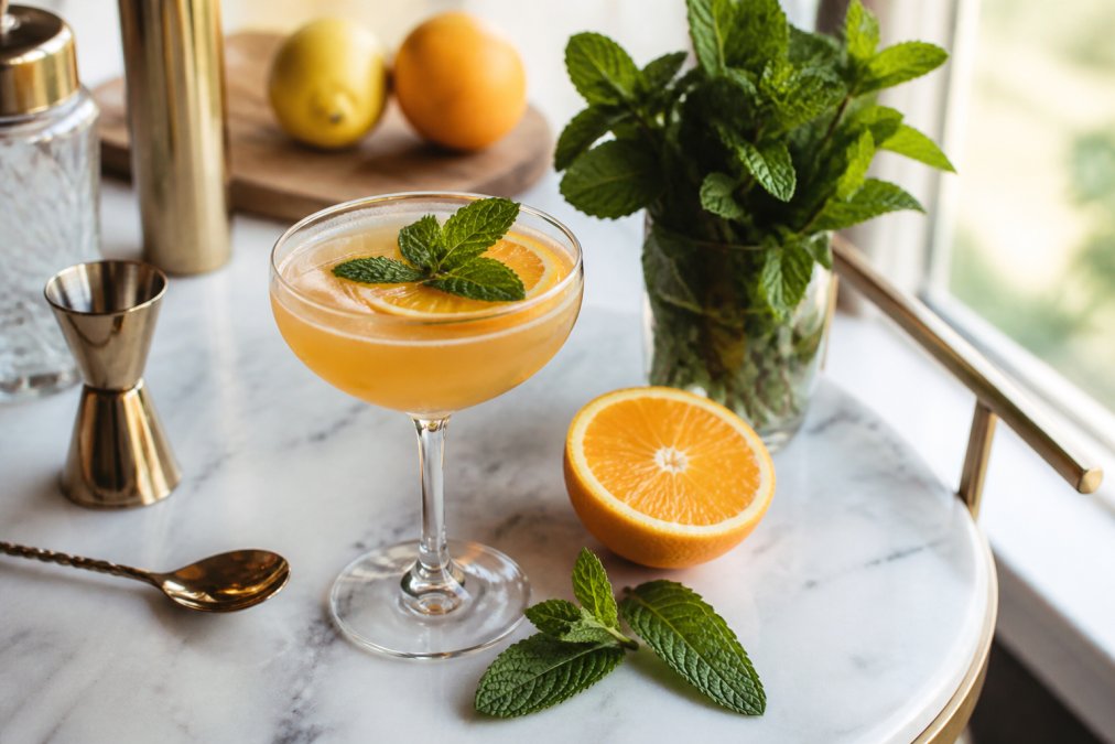 A beautifully garnished non-alcoholic shrub cocktail in a coupe glass on a marble bar cart, fresh mint sprigs and halved citrus nearby, soft afternoon window light