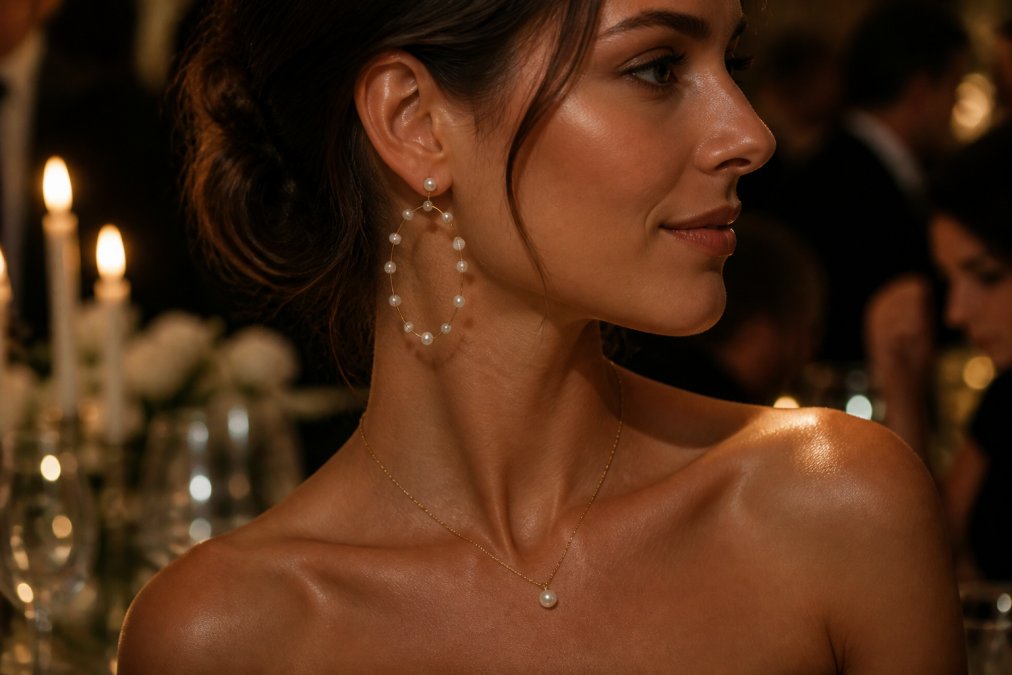 Woman wearing elegant pearl earrings and delicate pearl pendant necklace at a formal evening event, close-up of jewellery catching warm candlelight against her bare shoulders and collarbone