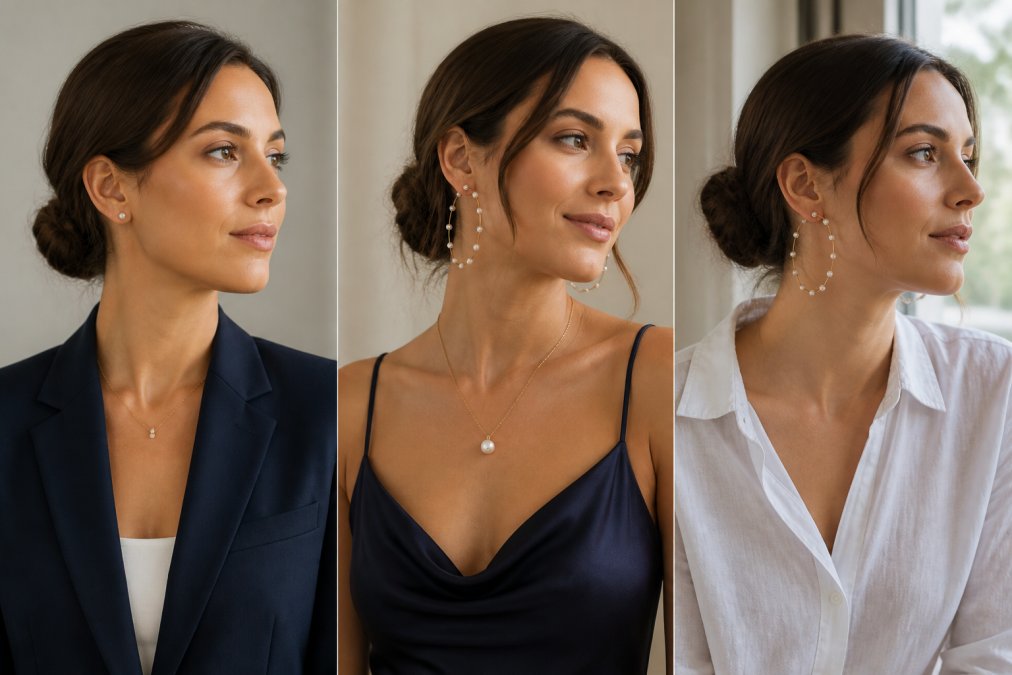 Woman styling pearl jewellery across three distinct outfits: professional navy blazer with pearl studs, elegant evening gown with long pearl earrings and pendant, and casual white linen shirt with baroque pearl earrings, showing versatility of pearls across occasions and necklines