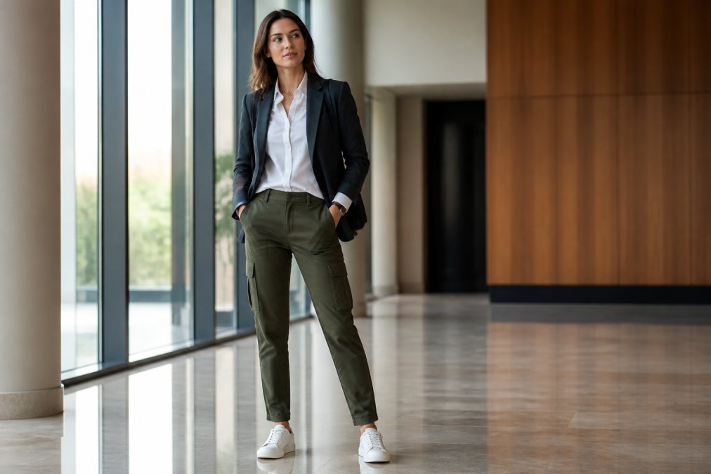 Professional woman wearing a tailored charcoal blazer with a crisp white button-up shirt underneath, paired with structured olive utility pants and white leather sneakers, standing confidently in a modern office lobby with floor-to-ceiling windows and natural morning light