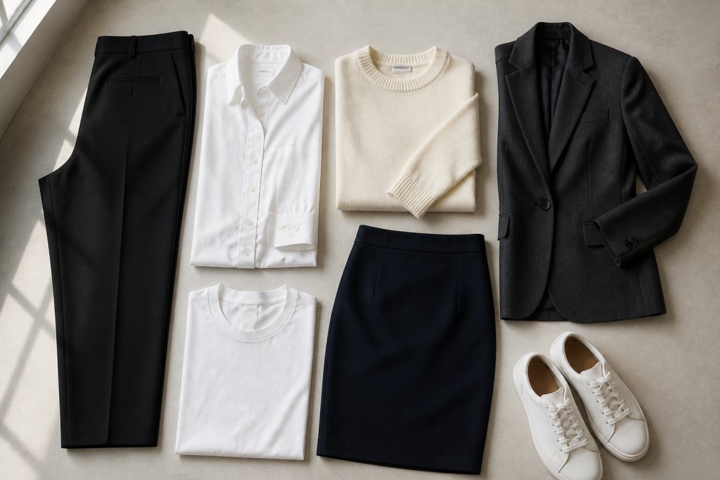 Flat lay arrangement of essential capsule wardrobe pieces on a light neutral background: tailored black trousers, white button-up shirt, cream minimalist sweater, structured charcoal blazer, white cotton tee, navy pencil skirt, and a pair of white leather sneakers, with soft natural window lighting