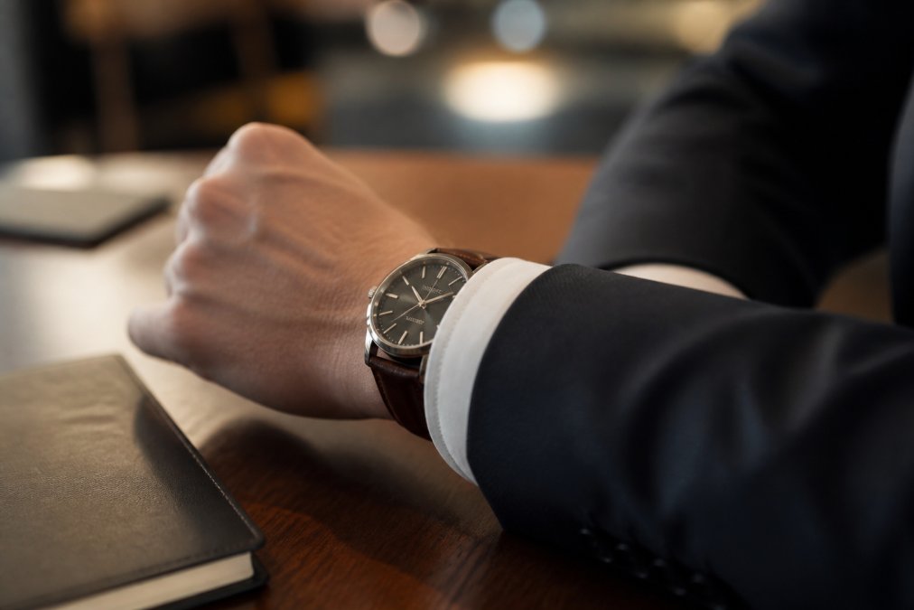 A dressed professional's wrist showing a 38mm watch with a leather strap, the cuff of a white dress shirt partially covering the case, photographed in a modern office with warm ambient lighting