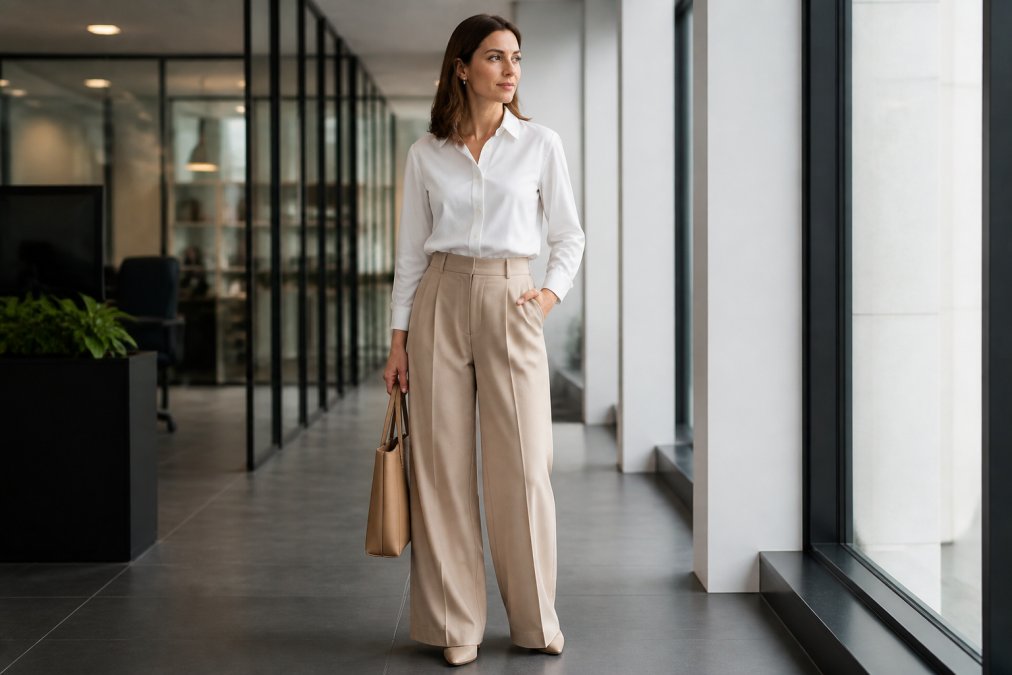 A woman in her 30s wearing tailored wide-leg trousers and a tucked-in button-down blouse, standing confidently in a bright modern office hallway