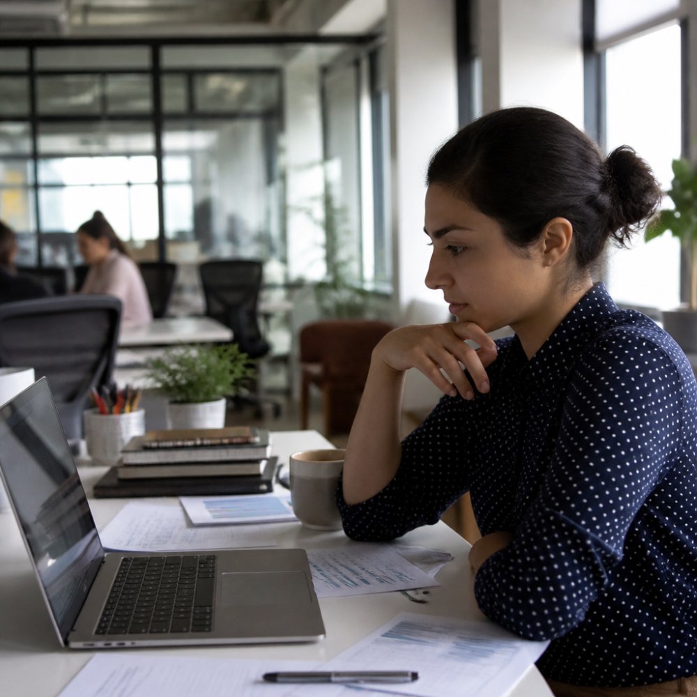 Revenue operations manager reviewing sales metrics, pipeline data, and performance dashboards across multiple screens in a modern office environment with natural daylight