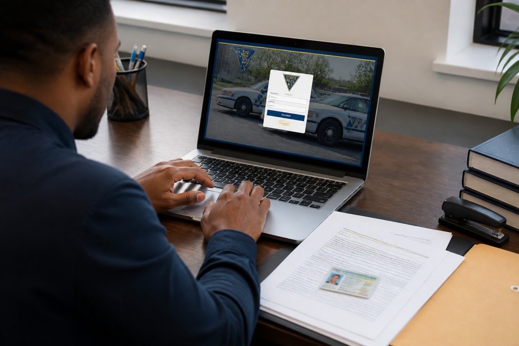 Professional at desk working on computer displaying New Jersey State Police portal login interface, with official documents and photo identification card visible nearby on desk