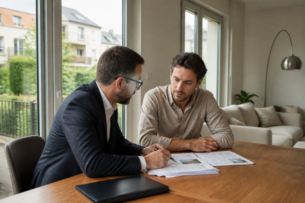 Agent immobilier local en conversation avec propriétaire dans un salon lumineux, examinant ensemble des documents d'estimation sur une table en bois, avec fenêtres donnant sur un quartier résidentiel