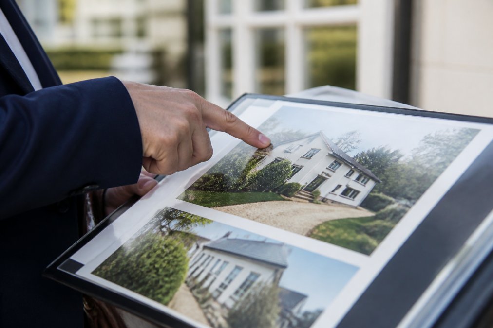 Gros plan d'une main pointant vers une maison sur écran tactile, avec des évaluations clients étoilées visibles, tableau de bord immobilier en arrière-plan
