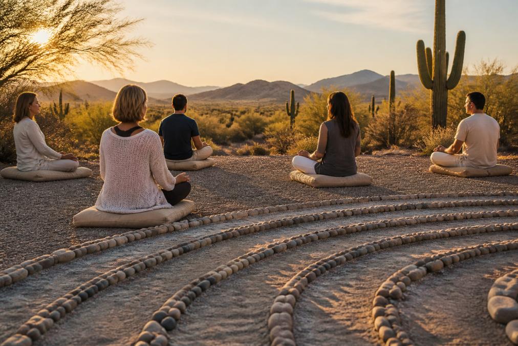 A small group of professionals in casual attire sitting in silent reflection on outdoor cushions near a desert landscape at golden hour, with a labyrinth path visible in the foreground
