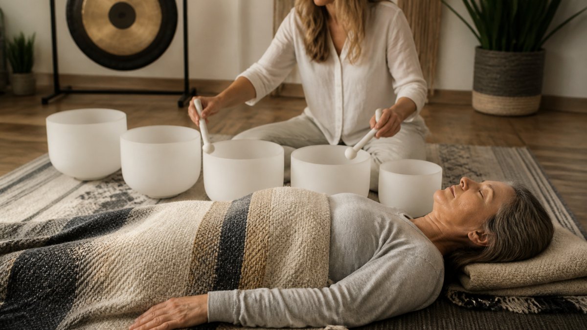 A woman in her 50s lying comfortably on a yoga mat with a blanket, eyes closed, as a practitioner plays crystal singing bowls in a softly lit studio with warm natural light