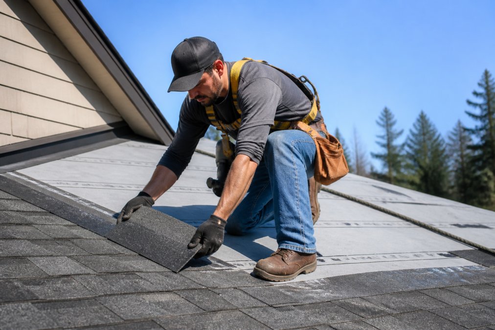 Certified roofing technician installing asphalt shingles on a residential roof with safety harness, demonstrating proper flashing and underlayment installation detail on a clear day