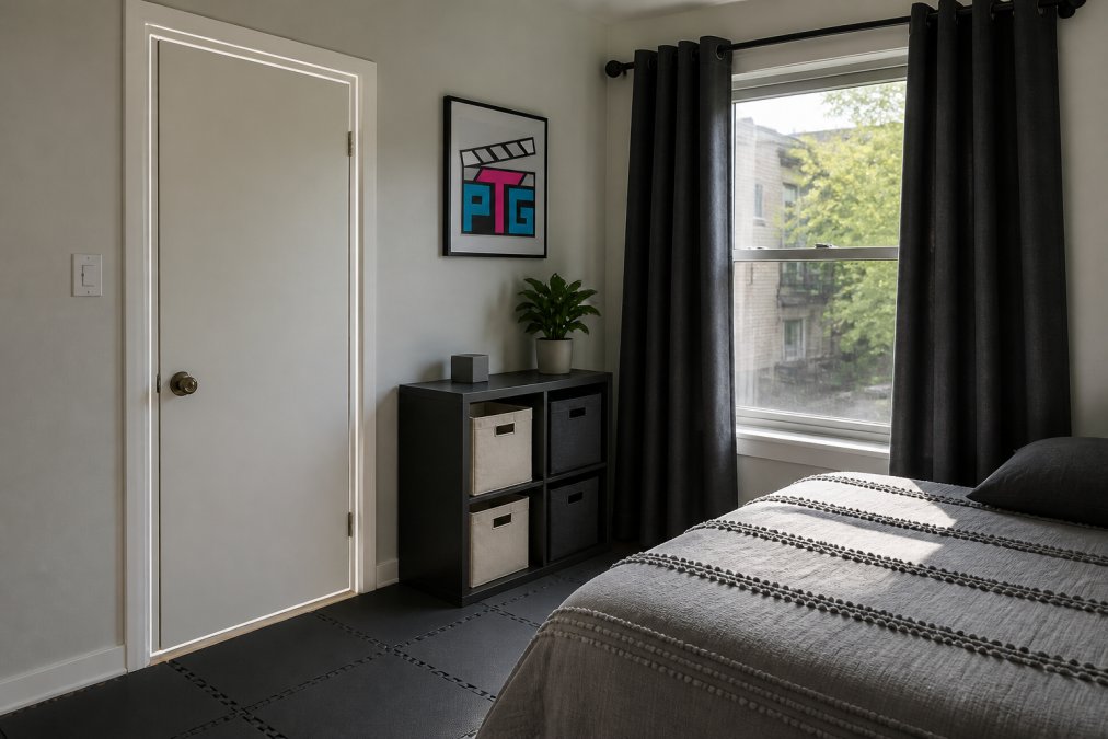 Infographic illustrating soundproofing materials for a rental bedroom including weather stripping, curtains, and mats.