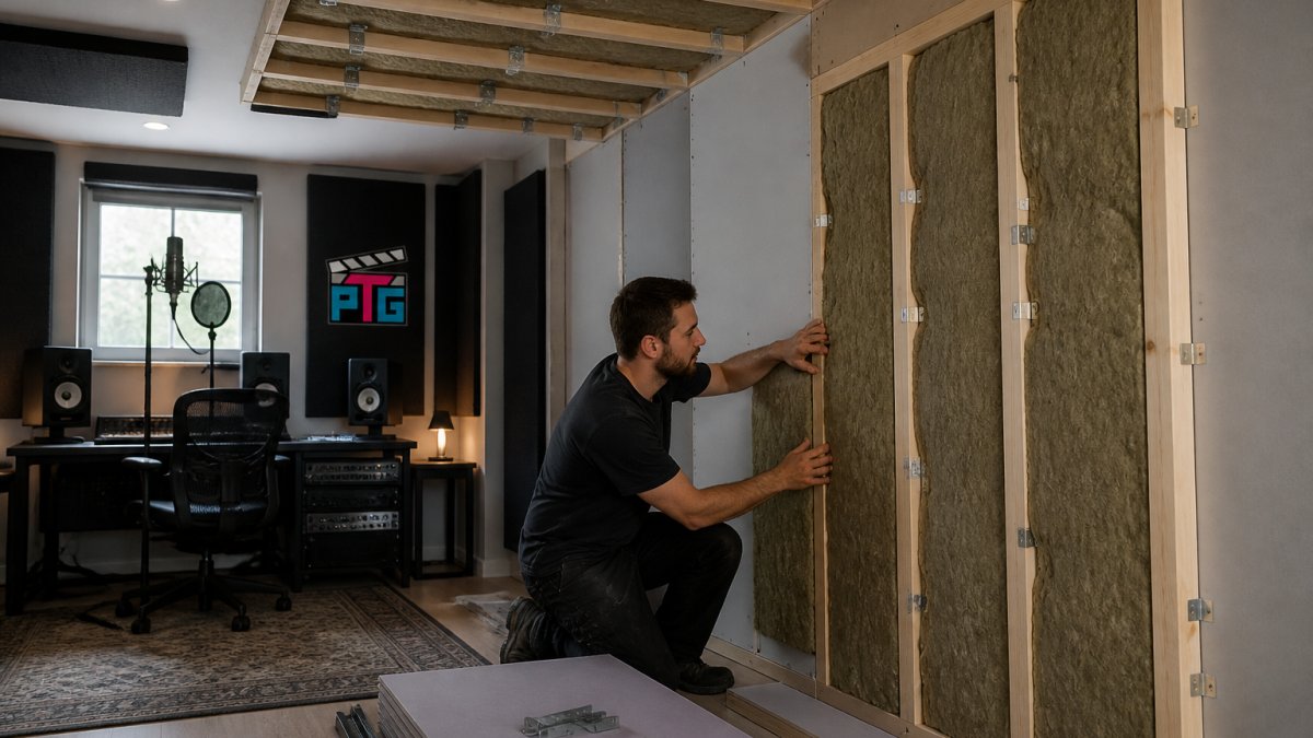 Professional installing fiberglass insulation in a decoupled wall for home studio soundproofing